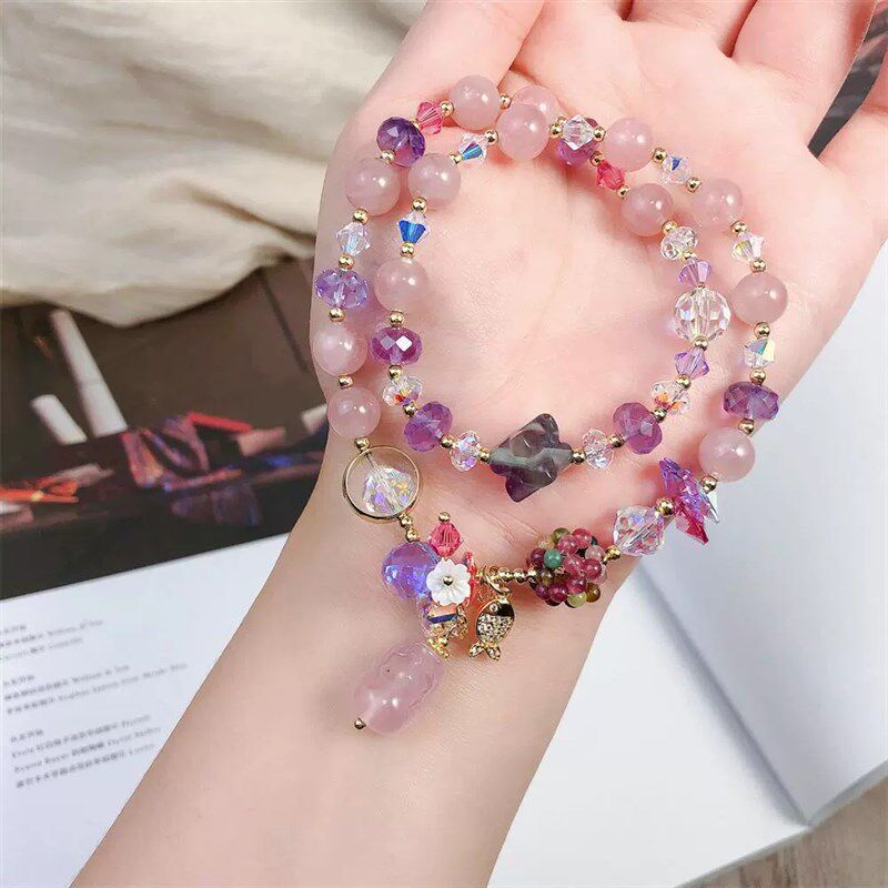紫水晶招桃花手链女韩版时尚百搭串珠手镯多层手串手饰品配饰手环