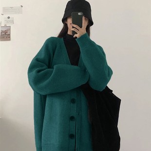 大码纯色开衫毛衣外套女胖妹妹秋冬宽松通勤慵懒风中长款针织上衣