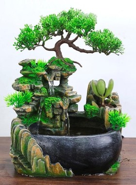 带发财树假山流水喷泉迷你小鱼缸节庆礼品办公桌微景观装饰品现货