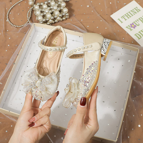 女童水晶鞋2023春秋单鞋儿童y高跟鞋钢琴表演出皮鞋公主鞋配礼服