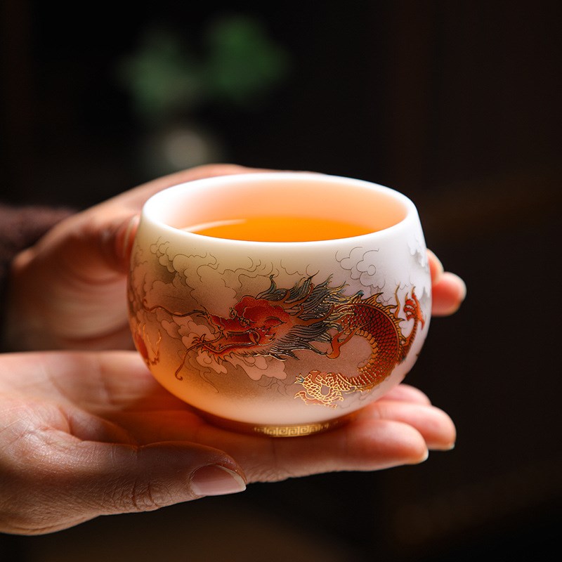 现货羊脂玉陶瓷龙凤对杯茶碗品茗杯主人杯茶盏年会高档茶杯礼品定