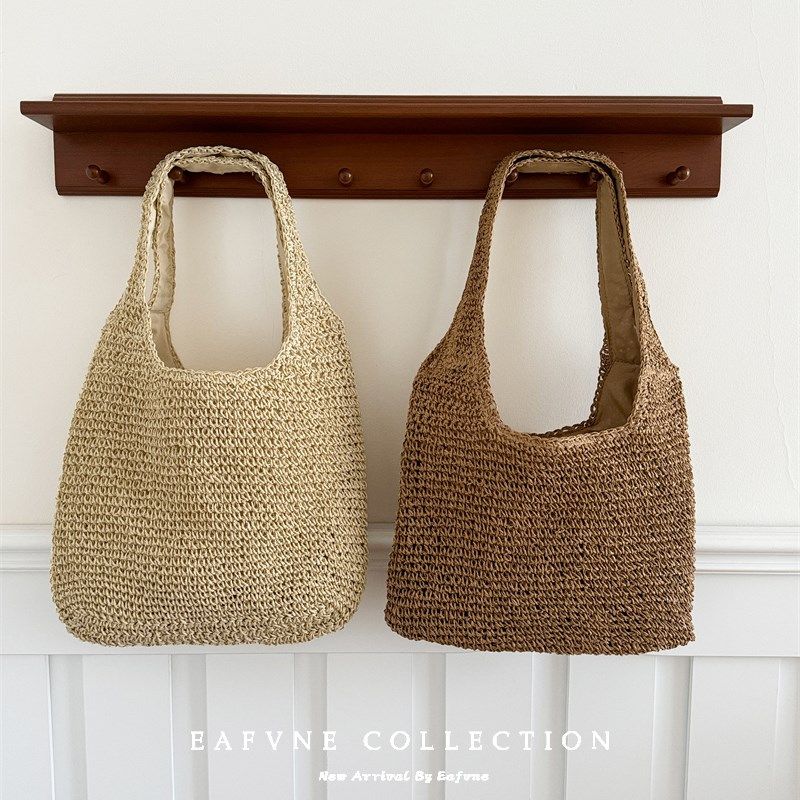 慵懒风单肩大容量斜挎草包女夏帆布袋海边度假沙滩编织包包草编包