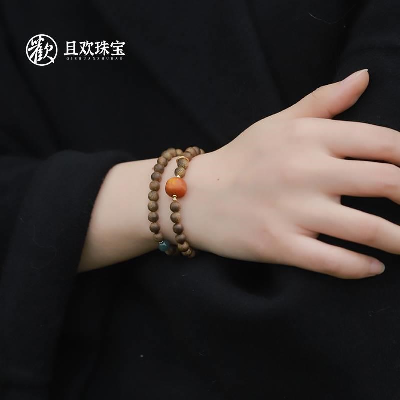 莺歌绿奇楠沉香串珠双圈手串新中式橘皮老蜜单珠小众文玩盘玩手链