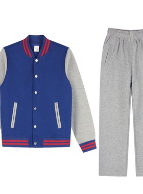 儿童宝蓝色棒球服套装郑州金水区优胜路小学校服浅灰色直筒运动裤