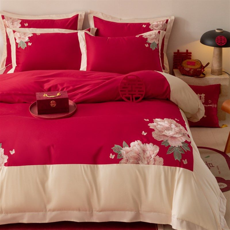 新中式婚庆160支全棉四件套花鸟印花被套大红色床单结婚喜被床品4,床上用品,婚庆床品套件,淘宝优惠券,粉丝福利购,淘宝优惠卷