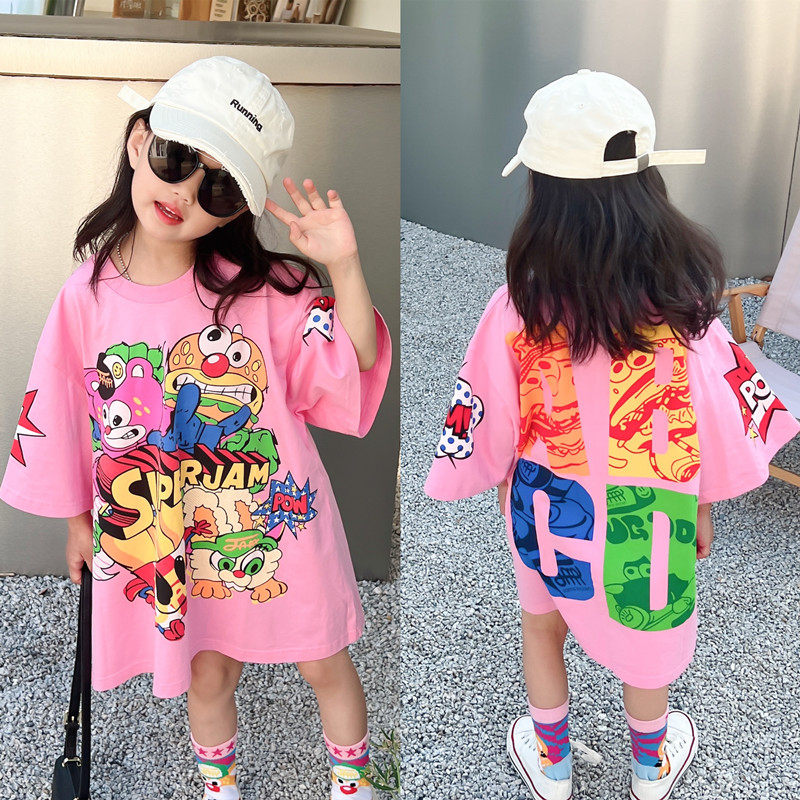 女童连衣裙夏季薄款纯棉中长款T裙洋气时尚亲子装母女装炸街T恤裙