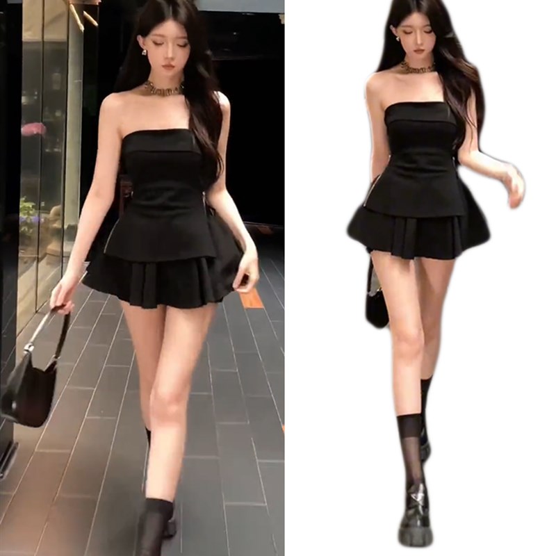 甜辣妹黑色抹胸背心套装女2024夏新款上衣外穿拉链裹胸蓬蓬半身裙