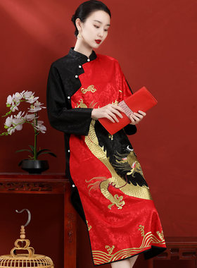 旗袍改良版连衣裙大码宽松复古刺绣胖mm2022春秋款中国风龙袍女