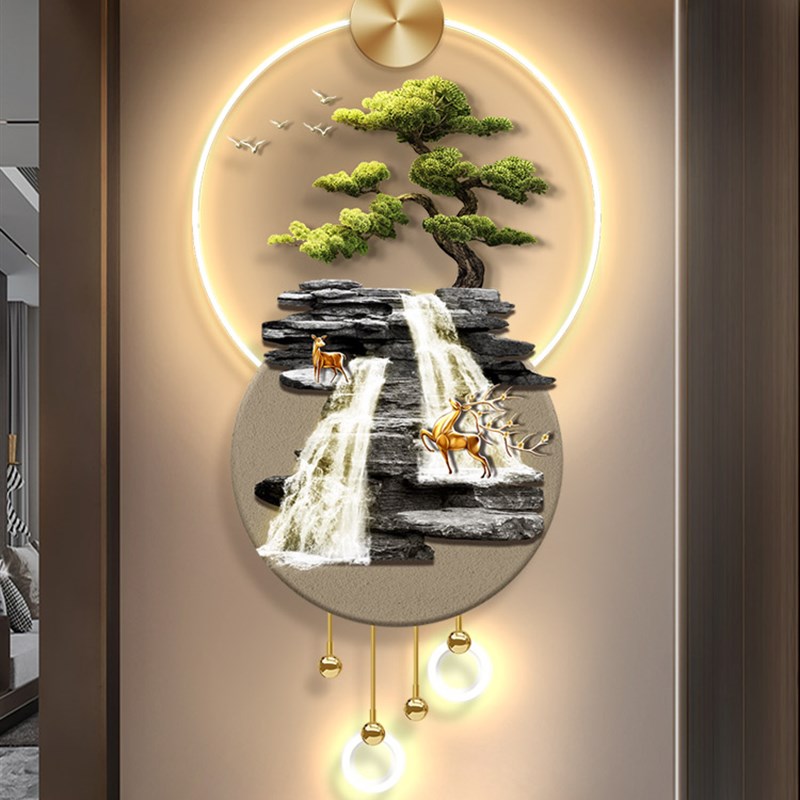 流水生财玄关迎客松装饰画发光LED灯光画麋鹿新中式走廊艺术壁灯图片