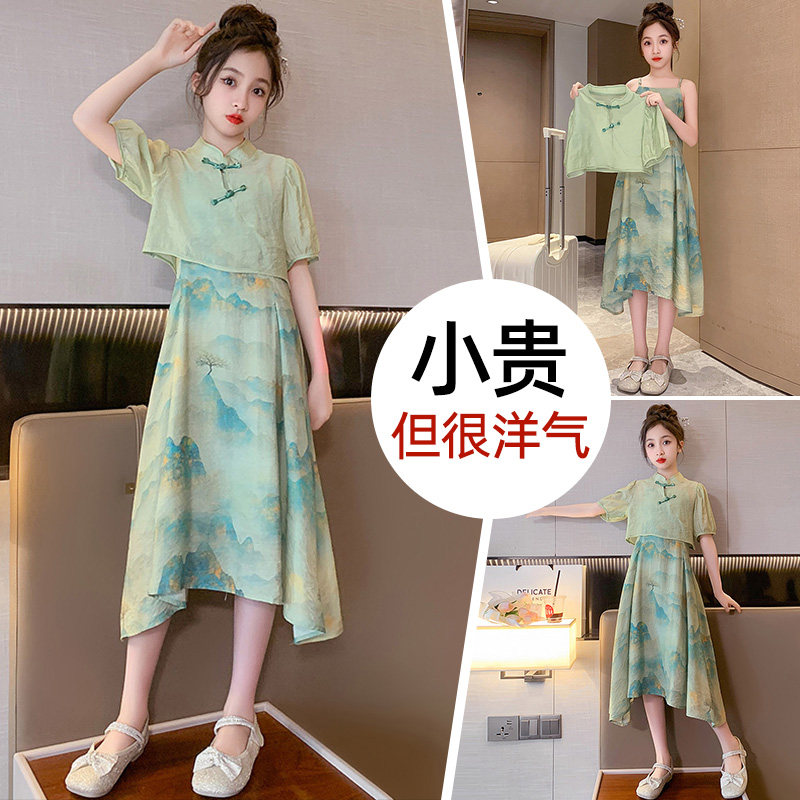 现货大女童夏装连衣裙女孩儿童中国风旗袍套装公主裙子夏季潮洋气