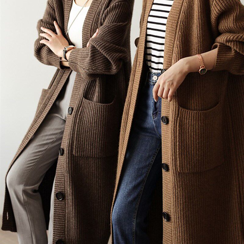 秋冬季女中长款加厚外搭毛衣新款韩版宽松针织开衫长袖上衣外套女