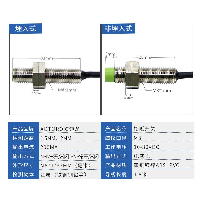 推荐欧迪龙PR08金属接近开关M8两三线24VPNP常开FR08-2DN感测器1.-封面