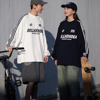 BELLKENIDEAo早起工作室 300G经典复古三条杠插肩长袖T恤男女
