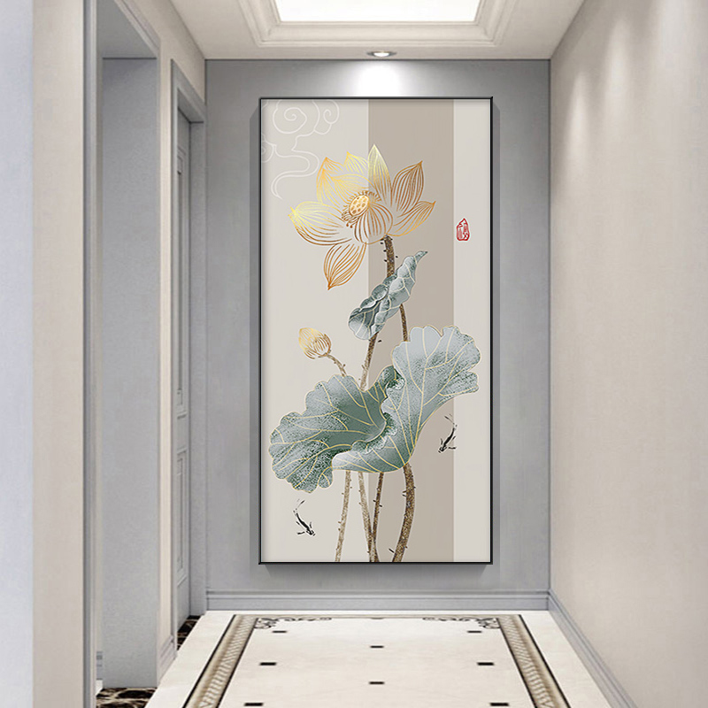 聚财金莲大气入户玄关装饰diy满钻钻石招财竖版过道壁画莲花墙画