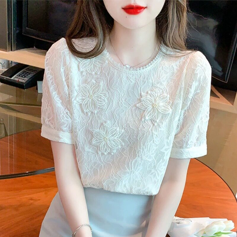 圆领短袖雪纺衫女夏季2023年新款复古刺绣蕾丝花边泡泡袖t恤上衣