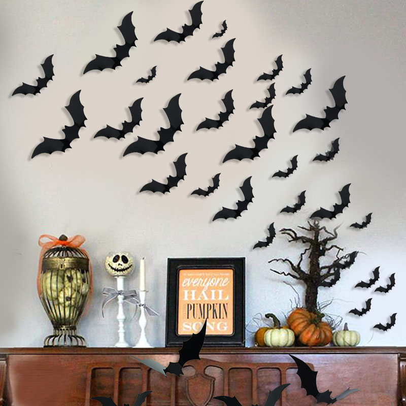 速发12pcs/set Black 3D PVC Bat Halloween Decoration for Home