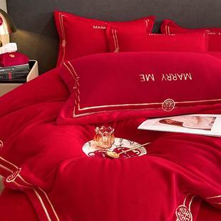 新品 结婚婚庆牛奶绒床上四件套大红色床单被套带被子枕头珊瑚绒全