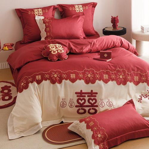 高档长绒棉婚庆四件套中式结婚陪嫁全棉纯棉被套床单喜字床上用品