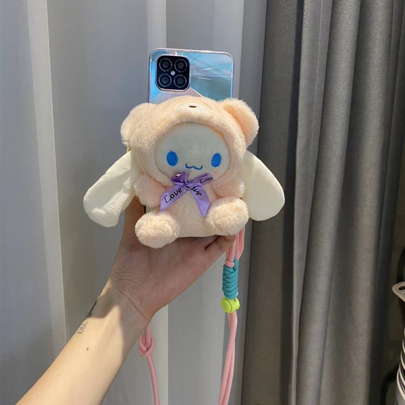 手机背夹斜挎挂绳弹簧伸缩背夹扣子毛绒娃娃零钱包玩偶公仔挂件