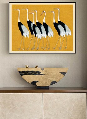 新中式装饰画中古中国r风餐厅餐边柜摆画玄关背景墙挂画黄色仙鹤