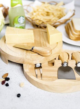 Rubber wood cheese board cheese pizza cutting plate set with