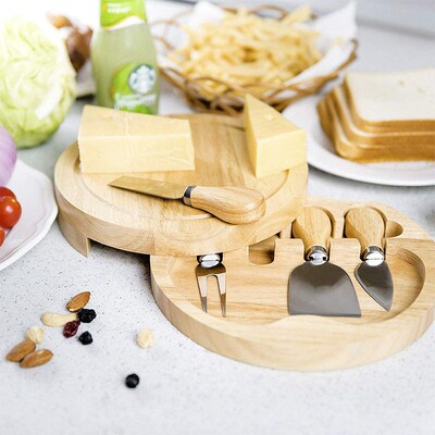 Rubber wood cheese board cheese pizza cutting plate set with
