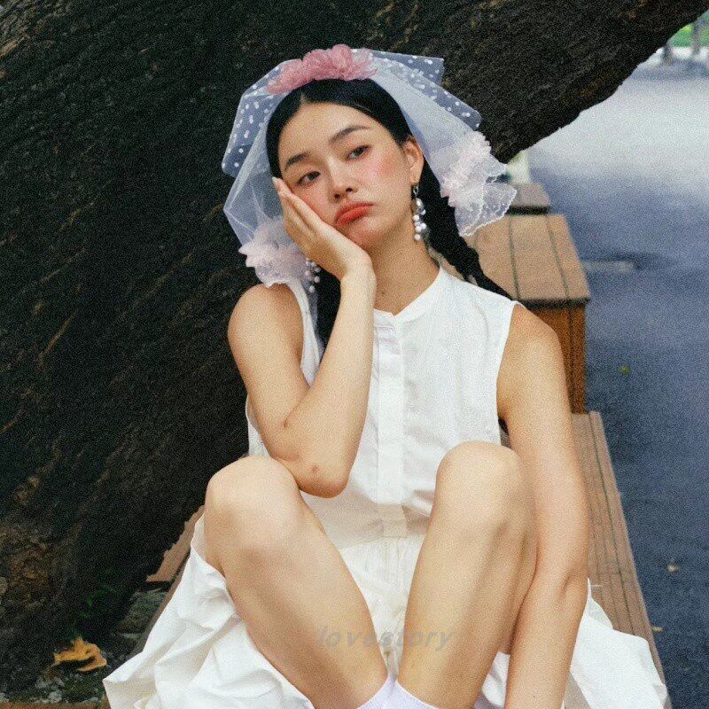 头纱头饰超仙森系韩式短款蕾丝花边新娘结婚登记领证求婚头纱旅拍