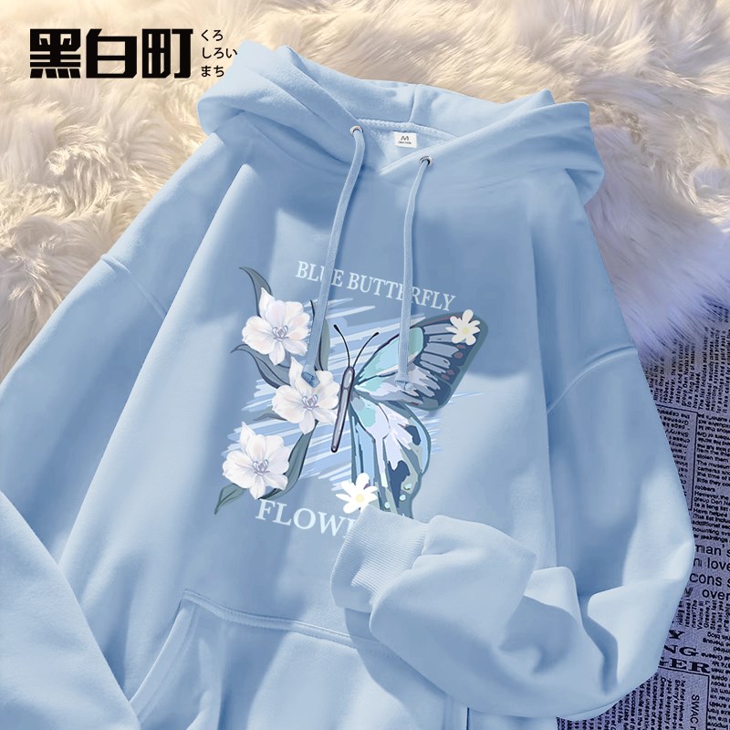 蓝色卫衣女款秋冬2024新款爆款春秋季连帽小个子正肩初秋外套薄款