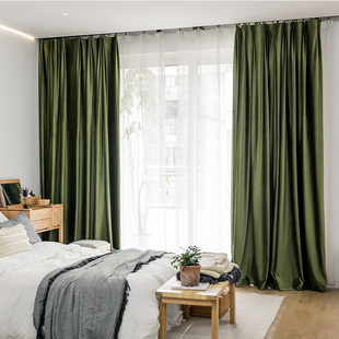 绒布窗帘2021年新款 网红色橄榄绿新款客厅窗帘简约遮光窗
