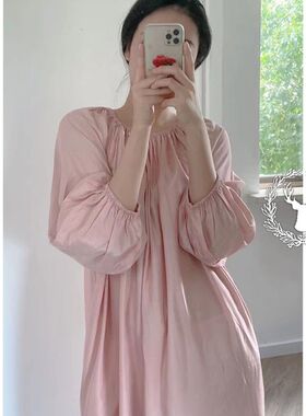 韩版少女宽松连衣裙睡衣女夏款2024新款长袖睡裙松紧袖口居家裙子