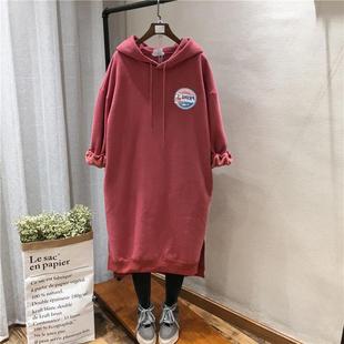 大码300斤胖mm遮肉卫衣裙女秋冬韩版长款过膝加绒薄款孕妇连衣裙2