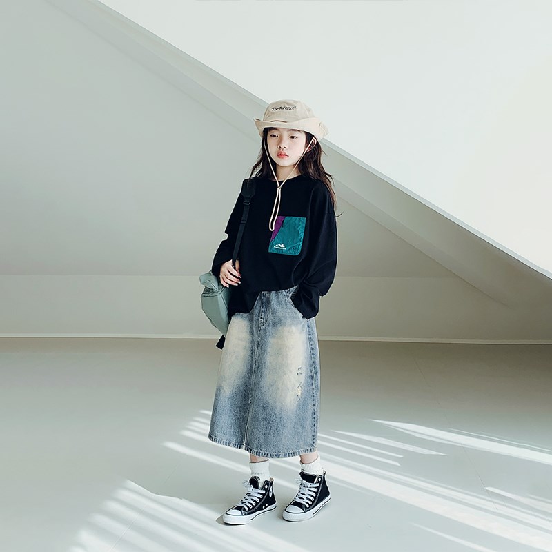 女童半身裙2024夏装新款女大童初中生复古牛仔裙儿童学.生简约裙