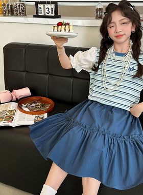 女童连衣裙夏装2024新款儿童裙子夏季大童洋气女孩公条Y纹主裙夏