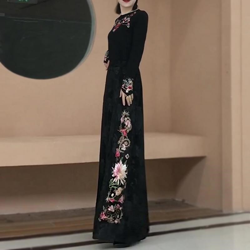 2025春季新款新中式圆r领T恤民族风刺绣阔腿裤裙裤长裤两件套装女