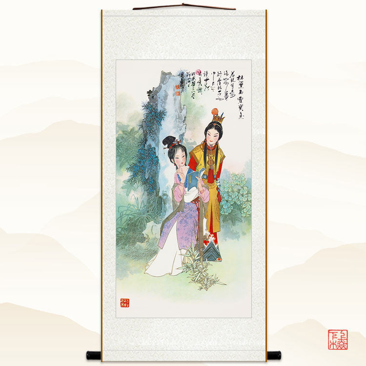 贾宝玉林黛玉物像 红楼梦人画卷轴画画 绢布丝绸装饰挂来图定制