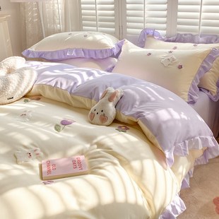 韩式 床罩床单三件纯棉少女心学生 郁金香兔水洗棉四件套可爱床笠款