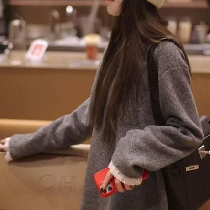 圣诞新年加厚V领蕾丝拼接毛衣女冬慵懒风宽松显瘦中长款针织上衣