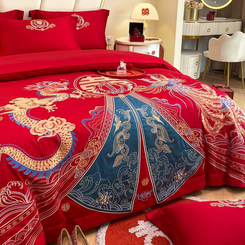 高级感中式结婚四件套红色床单龙凤刺绣被套喜被婚庆床上用品,床上用品,婚庆床品套件,淘宝优惠券,粉丝福利购,淘宝优惠卷