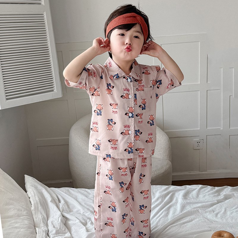 韩版儿童夏季睡衣男童女童薄款纯棉空H调服宝宝卡通开衫家居服宽