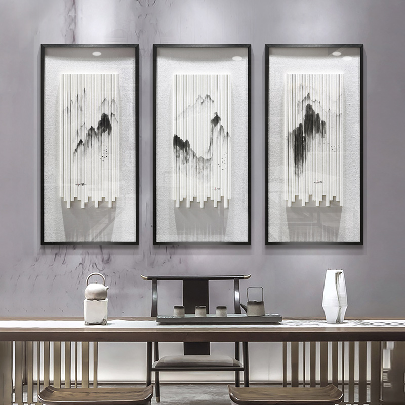 水墨江南新中式手绘山水禅意挂画客厅壁画酒店卧室立体实物装饰画图片