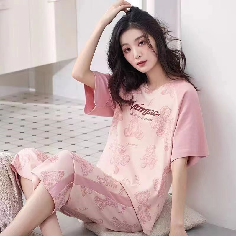 睡衣女士七分裤夏季纯棉薄款短袖可外穿运动居家服半袖两件套装春