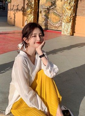 孕妇半身裙女夏季薄款高级感小个子黄色雪纺中长版开叉百褶长裙潮