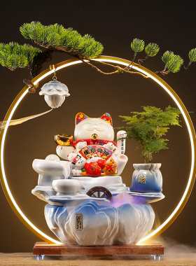招财猫循环流水生财装饰摆件客厅发财猫公司前台店V铺桌面开业礼