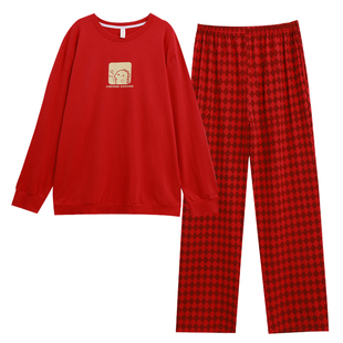 本命年红色睡衣男士春秋季长袖卡通大尺码情侣结婚新婚家居服冬