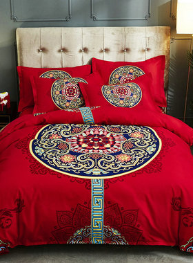 大红色四件套婚嫁l全棉纯棉结婚床D上用品婚被婚礼婚房婚庆套件夏