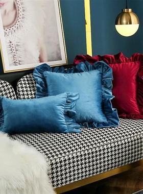 欧式沙发抱枕客厅靠枕套墨绿色荷叶边靠背H正方形酒红色靠垫45x45