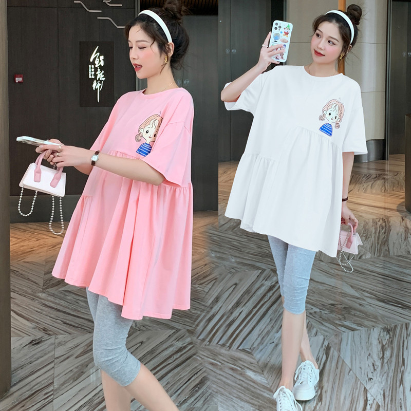 大码夏季孕妇t恤连衣裙中长款300宽松遮肚娃娃上衣纯棉200斤套装