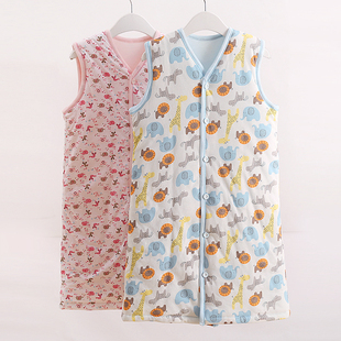 儿童睡袍秋冬季纯棉加厚睡衣男童女童婴幼儿夹棉长袍无袖马甲棉袍