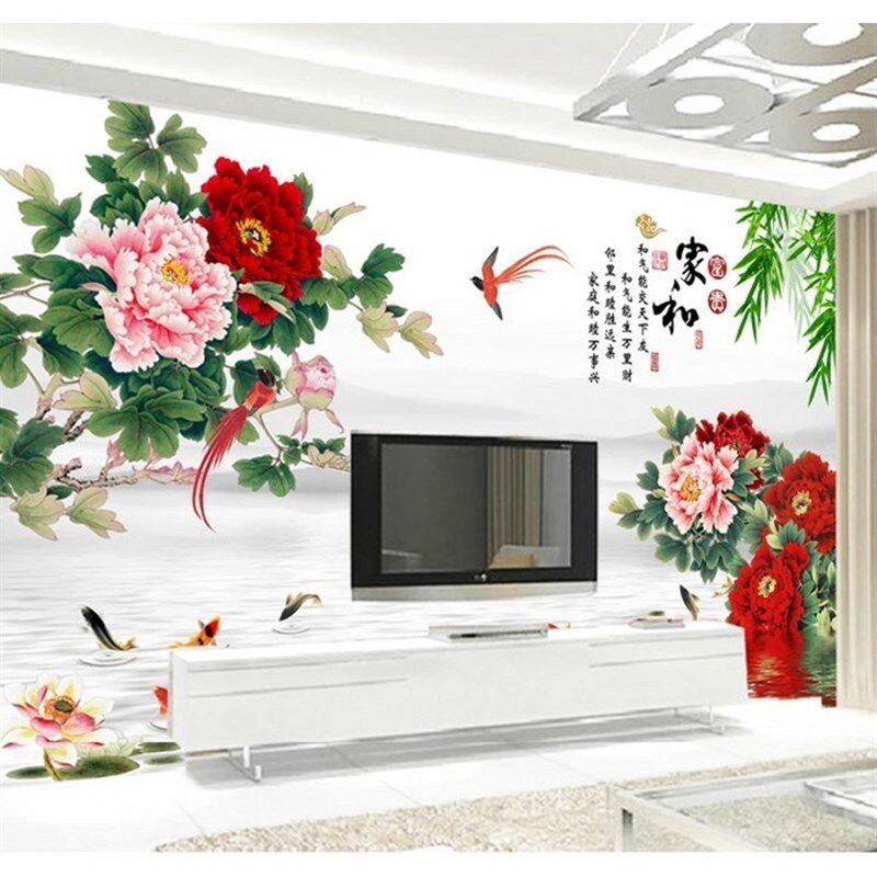 现代简约客厅电视背景墙壁纸8d立体影视墙布家用壁布中.式花鸟壁