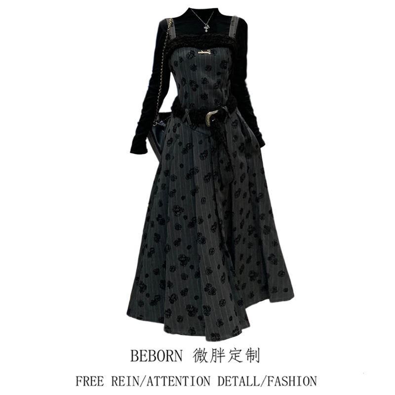 微胖mm甜酷辣i妹高腰吊带百褶绣花秋冬连衣裙+打底衫显瘦套装裙子